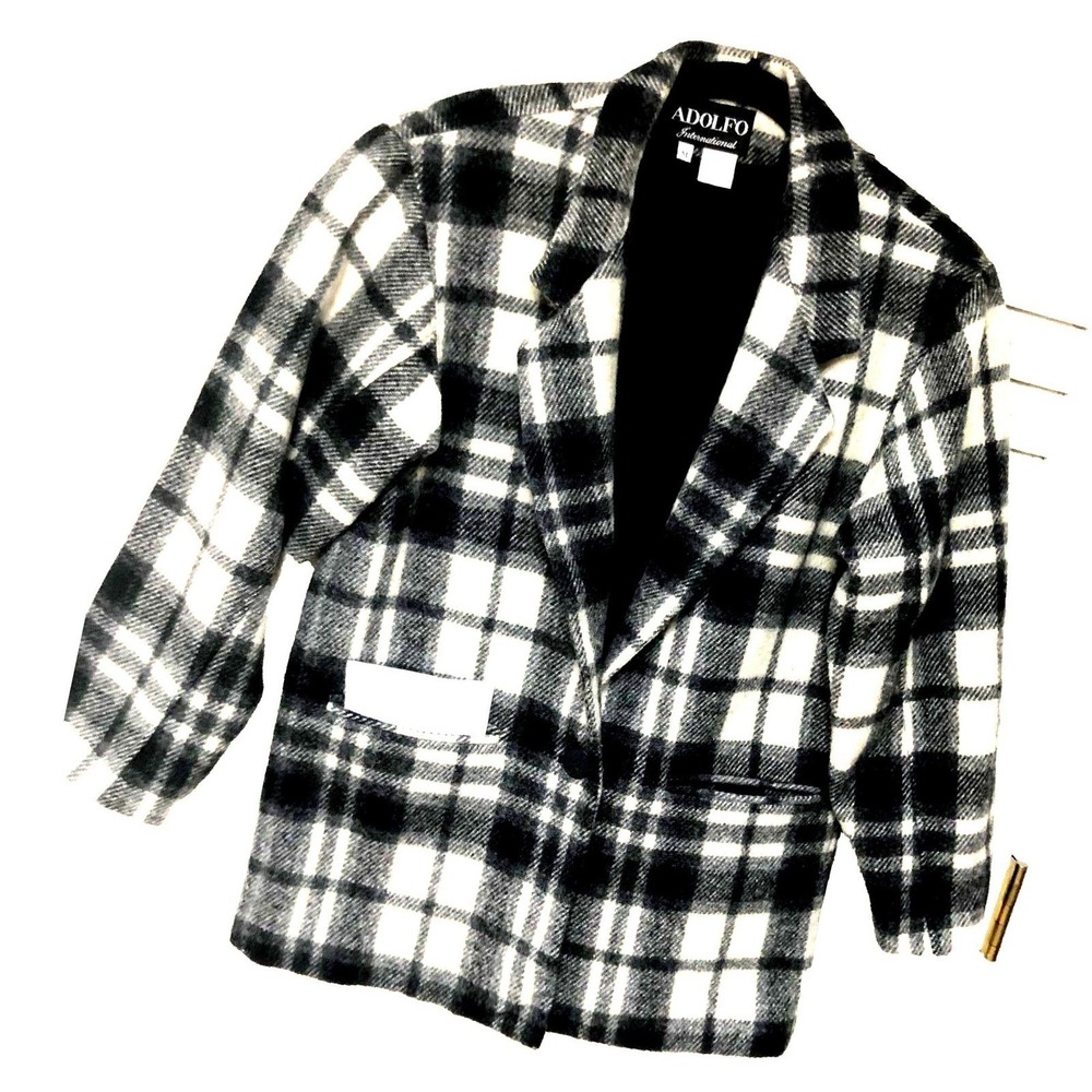Vintage Adolfo Wool Blazer Jacket Lined Buffalo Check Plaid‎ 1-Button Womens M
